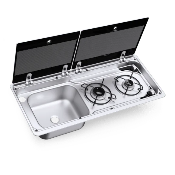 Dometic MO 9722L Karavan İçin Cam Kapaklı 2 Gözlü Ocak + Evye Kombinasyonu - Görsel 1