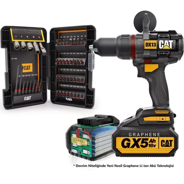 CAT DX13BA 18Volt/5.0Ah GRAPHENE Li-ion Çift Akülü Kömürsüz Profesyonel Darbeli Matkap + 45 Prç Aksesuar - Görsel 2