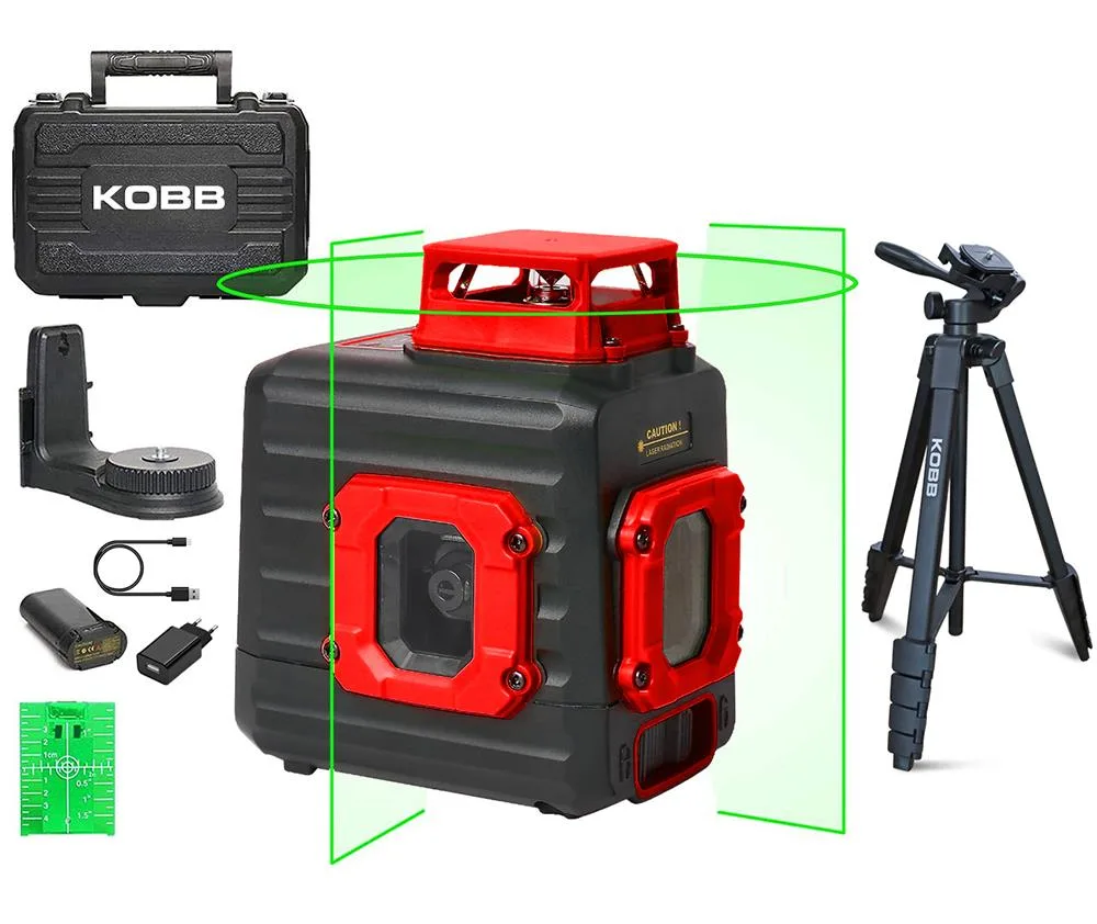 KOBB KBL33GTP 40 Metre Profesyonel Li-ion Şarjlı 2x90⁰/360⁰ Otomatik Hizalamalı Yeşil Çapraz Çizgi Lazer Distomat + Tripod - Görsel 1