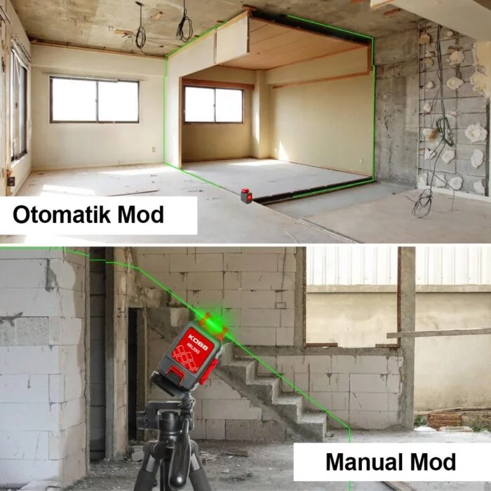 KOBB KBL33GTP 40 Metre Profesyonel Li-ion Şarjlı 2x90⁰/360⁰ Otomatik Hizalamalı Yeşil Çapraz Çizgi Lazer Distomat + Tripod - Görsel 4