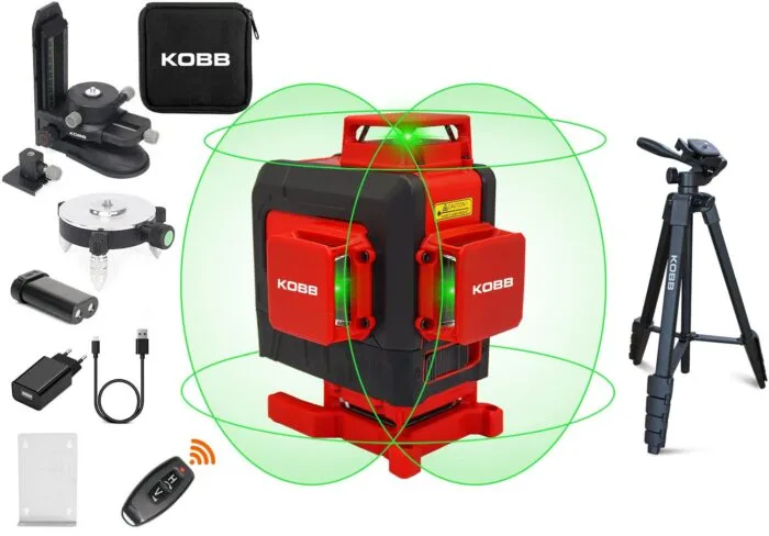 KOBB KBL35GTP Profesyonel Li-ion Şarjlı 4X360⁰ Otomatik Hizalamalı Yeşil Çapraz Çizgi Lazer Distomat + Uzaktan Kumanda + Tripod - Görsel 1