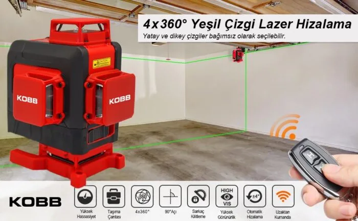 KOBB KBL35GTP Profesyonel Li-ion Şarjlı 4X360⁰ Otomatik Hizalamalı Yeşil Çapraz Çizgi Lazer Distomat + Uzaktan Kumanda + Tripod - Görsel 8