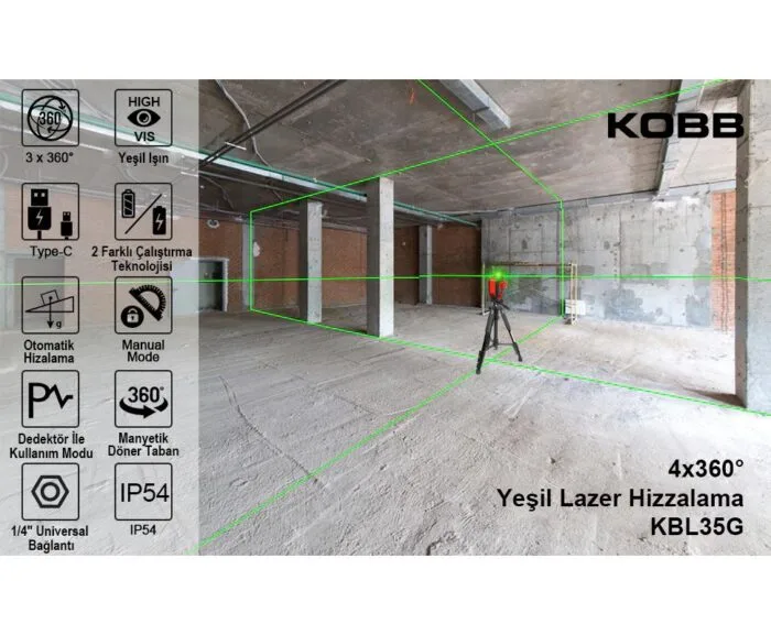 KOBB KBL35GTP Profesyonel Li-ion Şarjlı 4X360⁰ Otomatik Hizalamalı Yeşil Çapraz Çizgi Lazer Distomat + Uzaktan Kumanda + Tripod - Görsel 9