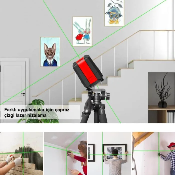 KOBB KBL92G 30 Metre Profesyonel Yatay ve Dikey Otomatik Hizalamalı Yeşil Çapraz Çizgi Lazer, 2 Noktalı Şakül Lazer Distomat + Mini Tripod - Görsel 2