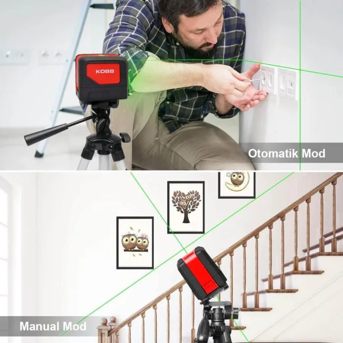 KOBB KBL92G 30 Metre Profesyonel Yatay ve Dikey Otomatik Hizalamalı Yeşil Çapraz Çizgi Lazer, 2 Noktalı Şakül Lazer Distomat + Mini Tripod - Görsel 3