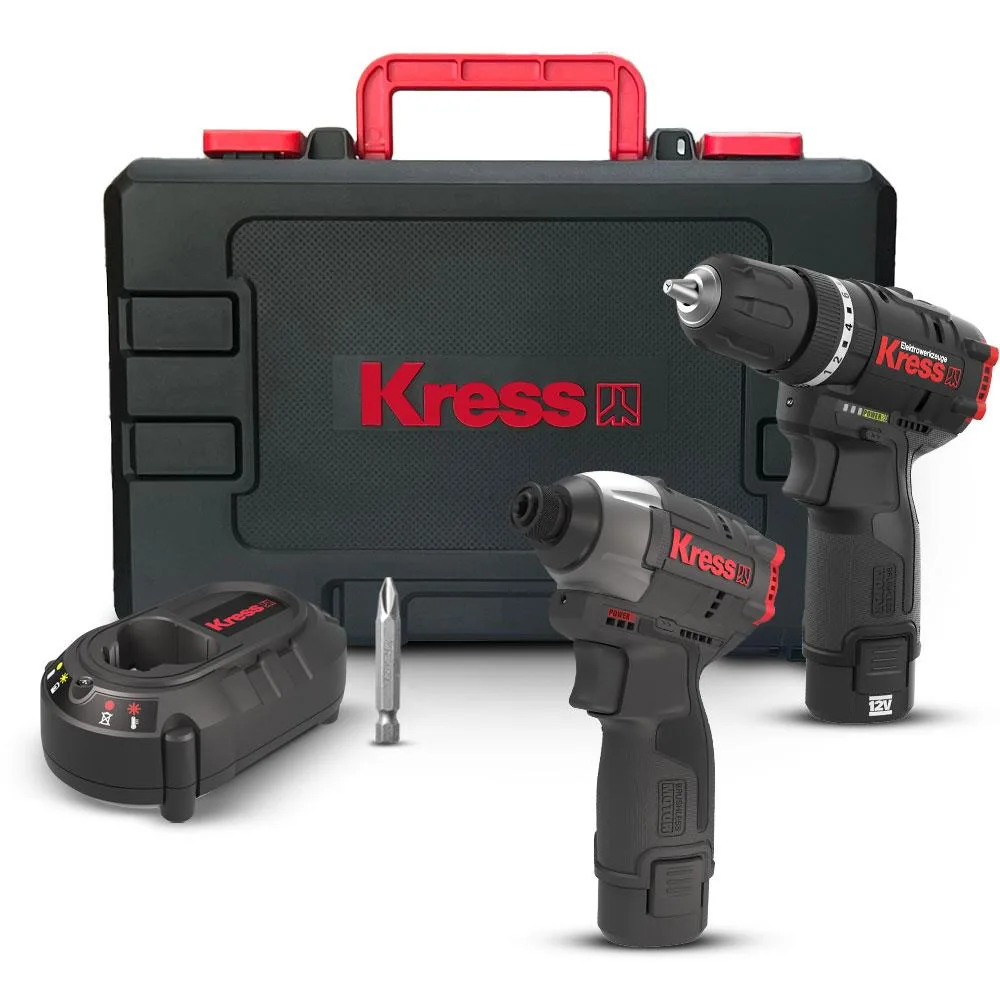 Kress KUG02 12Volt/2.0Ah. Li-ion Çift Akülü Kömürsüz Profesyonel Darbeli Matkap + Kömürsüz Darbeli Tornavida Kombo Set - Görsel 1
