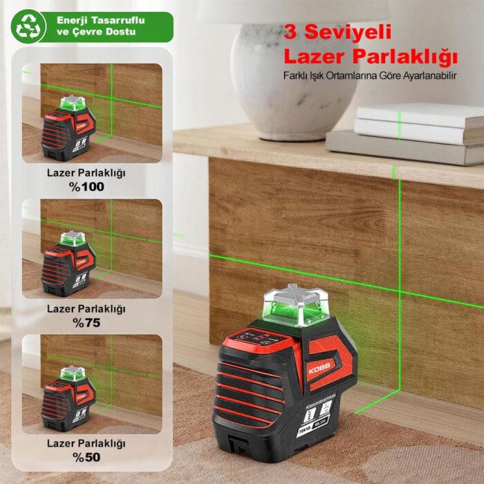 KOBB KBL32G Profesyonel Li-ion Yatay 360° ve Dikey Otomatik Hizalamalı Yeşil Nokta Şakül ve Yeşil Çapraz Çizgi Lazer - Görsel 9