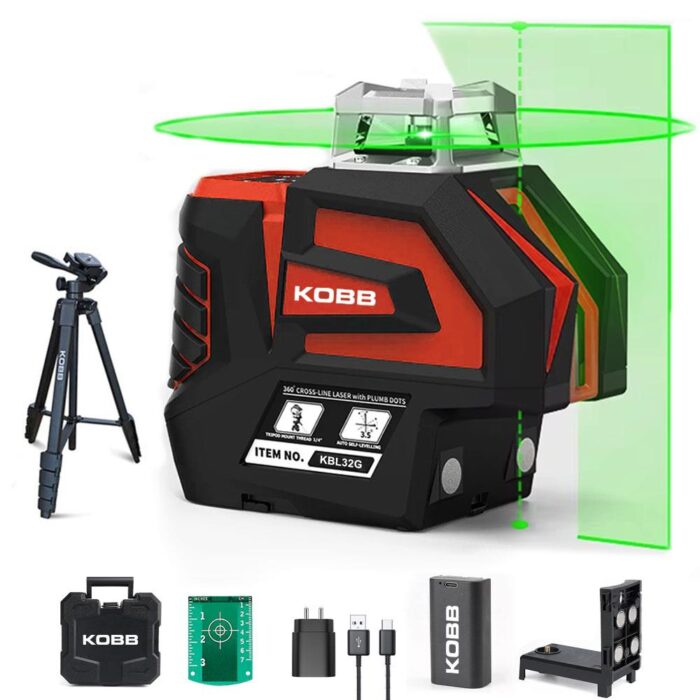 KOBB KBL32GTP Profesyonel Li-ion Yatay 360° ve Dikey Otomatik Hizalamalı Yeşil Nokta Şakül ve Çapraz Çizgi Lazer+Tripod - Görsel 1