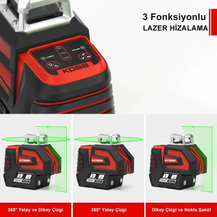 KOBB KBL32GTP Profesyonel Li-ion Yatay 360° ve Dikey Otomatik Hizalamalı Yeşil Nokta Şakül ve Çapraz Çizgi Lazer+Tripod - Görsel 3