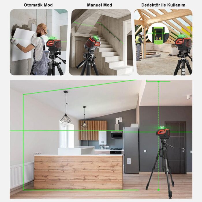 KOBB KBL32GTP Profesyonel Li-ion Yatay 360° ve Dikey Otomatik Hizalamalı Yeşil Nokta Şakül ve Çapraz Çizgi Lazer+Tripod - Görsel 5