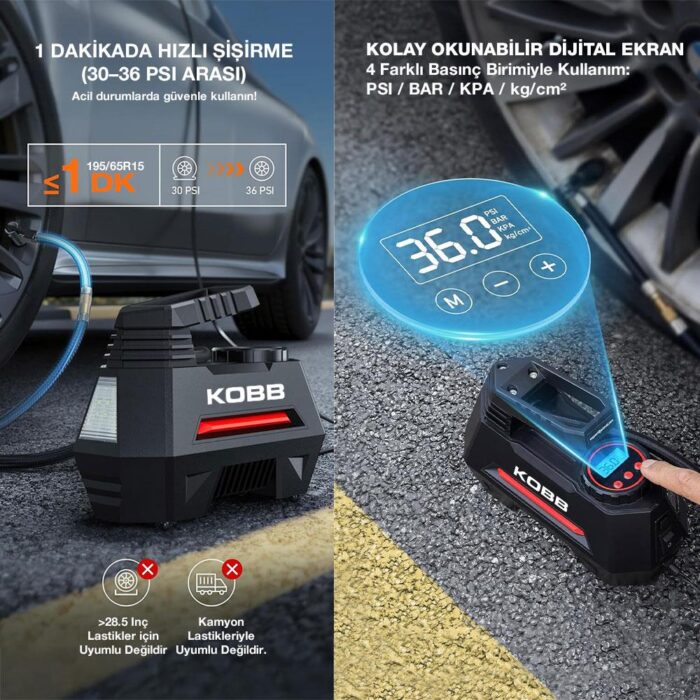 KOBB KB180 12Volt 150 PSI Ayarlanabilir Dijital Basınç Göstergeli Lastik Şişirme Pompası - Görsel 4