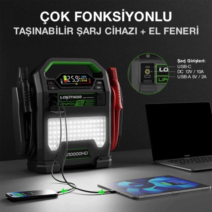 Lokithor J10000HD 12V/24V 10.000Amp LiFePO4 Akıllı Akü Takviye + Powerbank + Led Lamba - Görsel 6