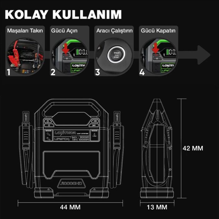 Lokithor J10000HD 12V/24V 10.000Amp LiFePO4 Akıllı Akü Takviye + Powerbank + Led Lamba - Görsel 8