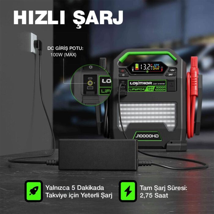 Lokithor J10000HD 12V/24V 10.000Amp LiFePO4 Akıllı Akü Takviye + Powerbank + Led Lamba - Görsel 9